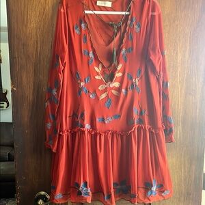 Orange Plunge Neck Bishop Sleeve Tunic
